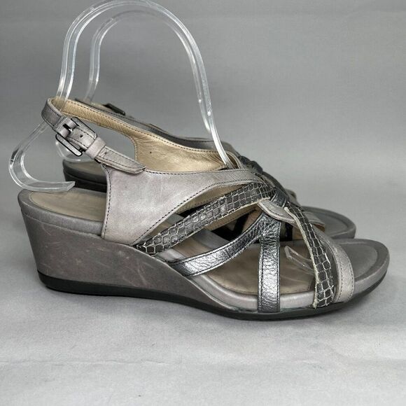 Ecco Sandals Women's Size 6.5 Gray & SIlver Leather Wedge Buckle Sandals - Picture 1 of 14